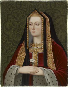 an old painting of a woman wearing a red and gold dress with a cross on her chest