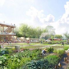 an artist's rendering of a children's play area in a park with lots of trees