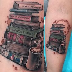 two tattoos with books and a cup of coffee