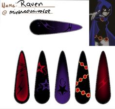 Raven Teen Titans Go Inspired Nails, Raven Nail Art, Raven Inspired Nails, Raven Nails Designs Teen Titans, Raven Nails Designs, Mitsuri Inspired Nails, Nightwing Nails, Anime Inspired Nail Art, Arcane Nails Design