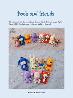 an image of stuffed animals in different colors and sizes on a sheet with the title, pooh and friends