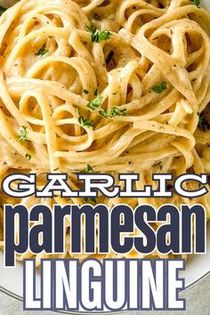 a plate of garlic parmesan pasta. Linguine Recipes Easy, Parmesan Linguine, Creamy Linguine, Homemade Chicken Alfredo, Spicy Chicken Pasta, Garlic Parmesan Pasta, Linguine Recipes, Creamy Pasta Dishes