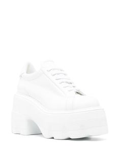 Casadei Maxxxi 100mm low-top Sneakers - Farfetch White High-top Lace-up Shoes For Streetwear, White Leather Low-top Chunky Sneakers, White Leather Chunky Sneakers With Contrast Sole, White Leather Chunky Sneakers With Textured Sole, White Leather Chunky Sneakers With Laces, White Leather Lace-up Chunky Sneakers, High-top Lace-up Shoes With Textured White Sole, White Round Toe Lace-up Shoes With Platform, White Chunky Lace-up Sneakers With Textured Sole