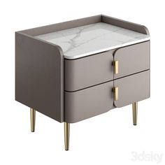 a gray and white cabinet with two drawers on one side and gold handles on the other