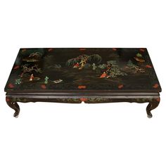 A vintage Asian style coffee table, colorfully handpainted depicting figures and trees in landscapes. Table is rectangular with cabriole legs. Coffee Table Top, Style Coffee Table, Furniture Classic, Coffee Tables For Sale, Cabriole Legs, Art Furniture, Cocktail Tables, Pallet Coffee Table, Asian Style