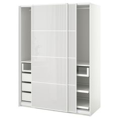 a white closet with shelves and drawers on the bottom shelf is shown in front of a white background