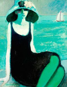 a painting of a woman sitting in front of the ocean with a hat on her head