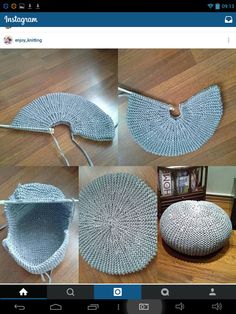 four pictures showing the steps to make a crocheted ottoman