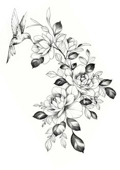 black and white drawing of flowers on a white background, with leaves around the edges