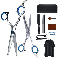 PRICES MAY VARY. ✅Haircut kit 12 pieces: Complete barber set includes 1 hair cutting shears, 1 hair thinning shears, 1 razor comb, 2 styles of hair clips 4pcs, 1 tail comb, 1 barber cape, 1 beauty comb, 1 cleaning cloth, leather holster ✅APPLICATION: EOOGER hair scissors kit Great for Barber shops, Salons, Hair Dressers as well as family or individual home use. Works well with heavy, thick, curly or light hair. ✅Sharp professional haircutting shears: high quality stainless steel material sharp a Hair Dressers, Barber Cape, Tail Comb, Thinning Shears, Home Safety