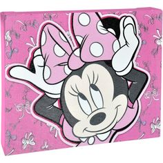 a pink and black minnie mouse painting on the side of a canvas wall art piece