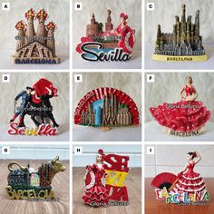 many different types of ceramic figurines are shown in this set, including santa feliz and barcelona