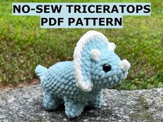 a small crocheted elephant sitting on top of a rock with the words no - sew tricertops pattern above it