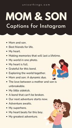 mom and son's captions for instagrams are shown in this graphic