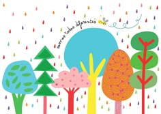 an illustration of trees with rain drops and the words happy days written on them in bright colors