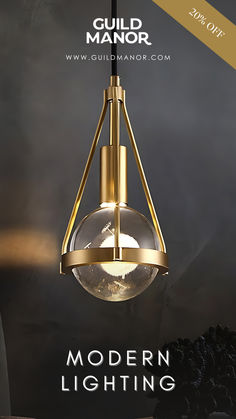 the modern light fixture is shown in gold and black with an image of a moon on it