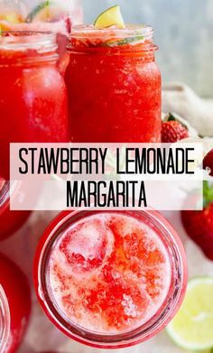 strawberry lemonade margarita in mason jars with limes and strawberries on the side