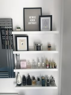 the shelves are filled with different types of perfumes and personal care products on them