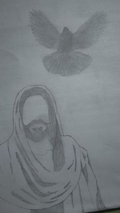 a pencil drawing of a person with a bird flying over them and the image of jesus