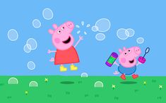 peppa and piggy playing with bubbles in the grass