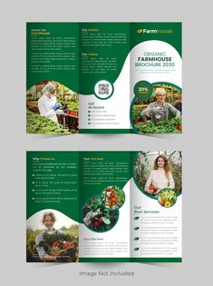 a green and white brochure design with an image of people working in the garden