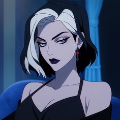 an animated woman with white hair and blue eyes