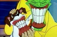 an animated image of a dog with its mouth open and tongue out, holding onto the leg of a cartoon character