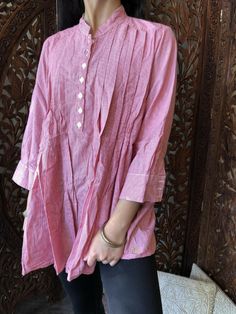 Boho Gypsy Hippy Pink Pleated Shirt Blouse, Cotton Summer Loose Comfy Shirt L   #mogulinterior #Tunic #Casual Casual Beach Dress, Bohemian Blouse, Short Tunic, Floral Print Tunic