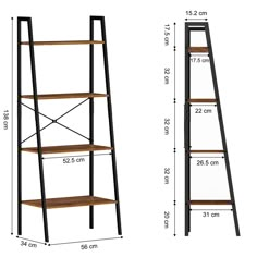 a tall wooden ladder shelf next to a large black and white bookcase with measurements