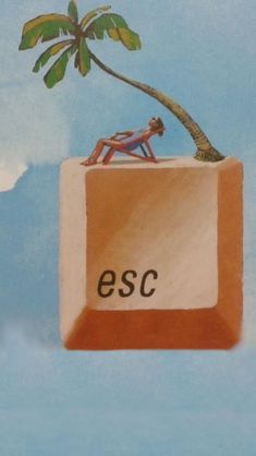 a drawing of a man sitting on an esc block with a palm tree in the background