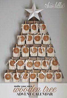 a christmas tree made out of burlocks and brown paper with the words make your own wooden calendar