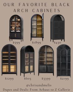 an advertisement for the new black arch cabinet collection, which is available in multiple sizes and colors