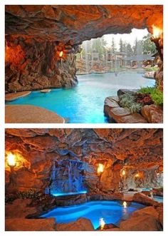 the inside and outside of a cave with a pool, waterfall and hot tub in it