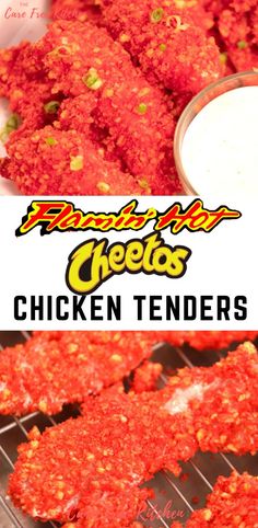 fried chicken tenders on a grill with ranch dressing in the background and text overlay