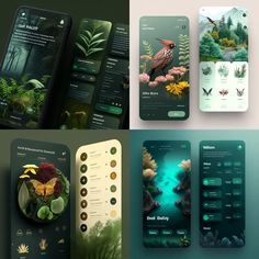 four phone screens with plants and birds on them