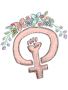 a drawing of a female symbol with flowers on it's head and hands in the center