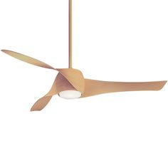 a ceiling fan with a light on it's side and a wooden blade in the middle