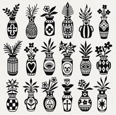 a bunch of vases with flowers and hearts on them are drawn in black ink