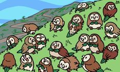 a bunch of owls sitting on top of a green hill