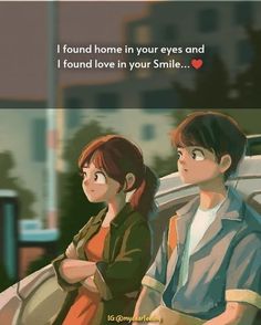 two people sitting next to each other in front of a building with the caption i found home in your eyes and found love in your smile