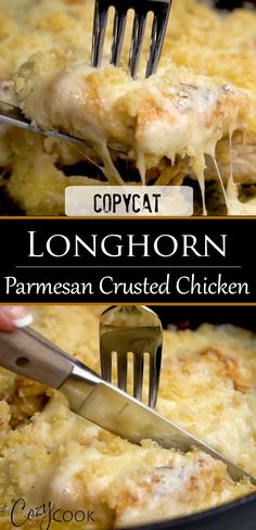 a close up of a person holding a fork with some food in it and the words, longhorn parmesan crusted chicken