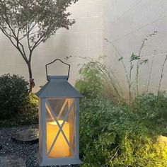 a lit lantern sitting in the middle of a garden