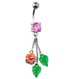 a pink flower and green leaf belly ring