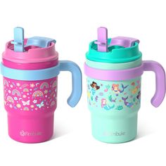 two children's sippy cups with lids and handles, one in pink and the other in blue