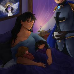 an animated image of two people in bed with one woman holding a child and the other man