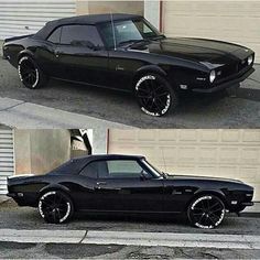 two pictures of a black muscle car in different stages of being painted and then showing the paint job