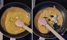 two pictures showing how to make an omelet in a pan with wooden spoons