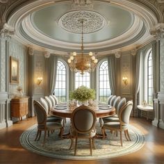 a dining room table with chairs and a chandelier