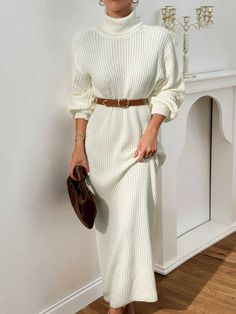 Women's Solid Color High Neck Drop Shoulder Long Sleeve Long Casual Sweater Dress For Winter Apricot Casual  Long Sleeve Knitwear Plain  Non-Stretch  Women Clothing, size features are:Bust: ,Length: ,Sleeve Length: Long Sweater Outfits, Casual Sweater Dress, Knit Long Dress, New York Shopping, Dress For Winter, Batwing Sleeve Sweater, Church Fits, Sweater Dress Casual, Solid Color Sweater