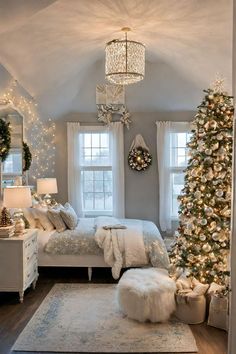 a bedroom decorated for christmas with lights on the ceiling and a tree in the corner